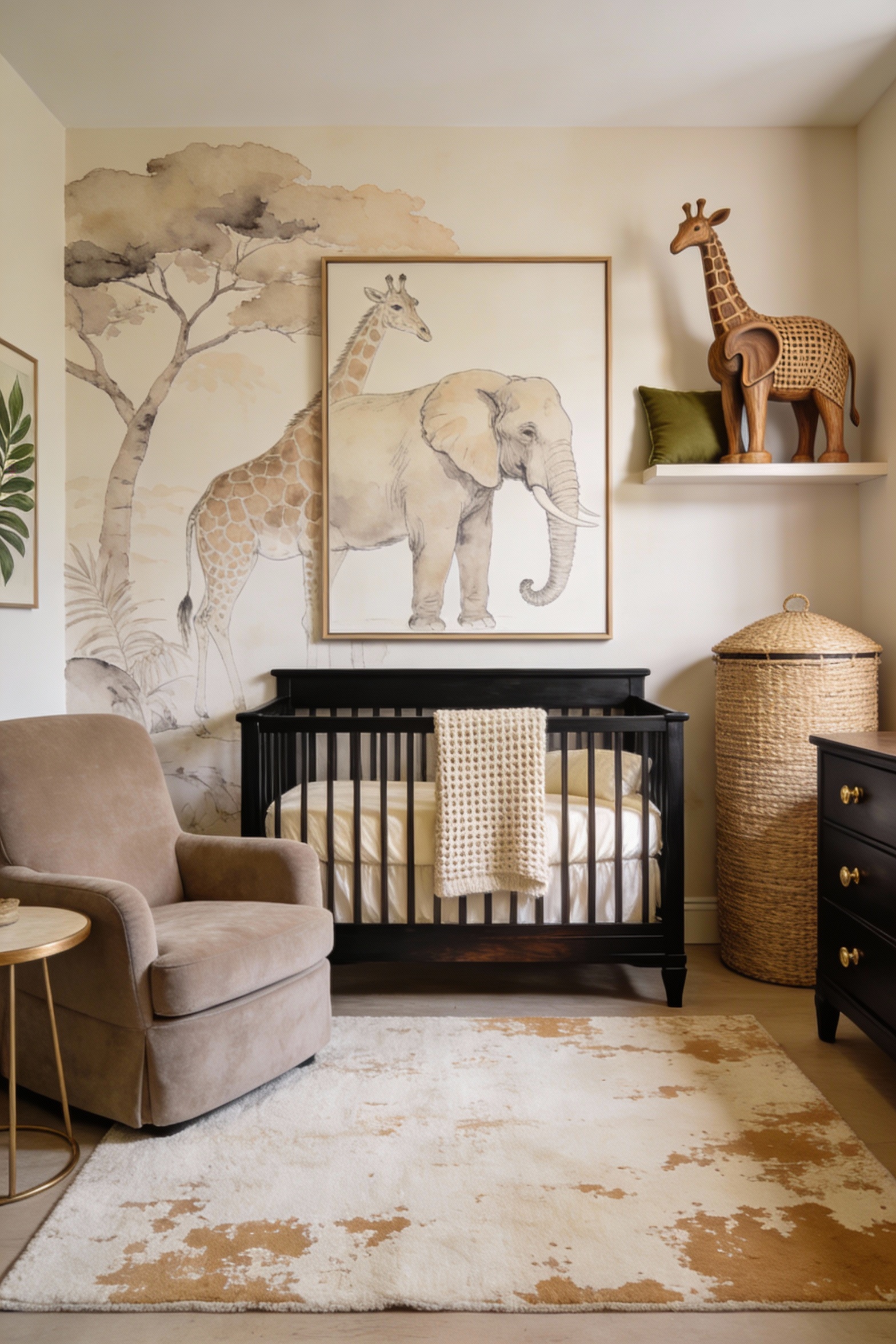 Medium photorealistic straight-on view of a soft safari luxe nursery: warm creamy beige/light sand walls, contrasting bl