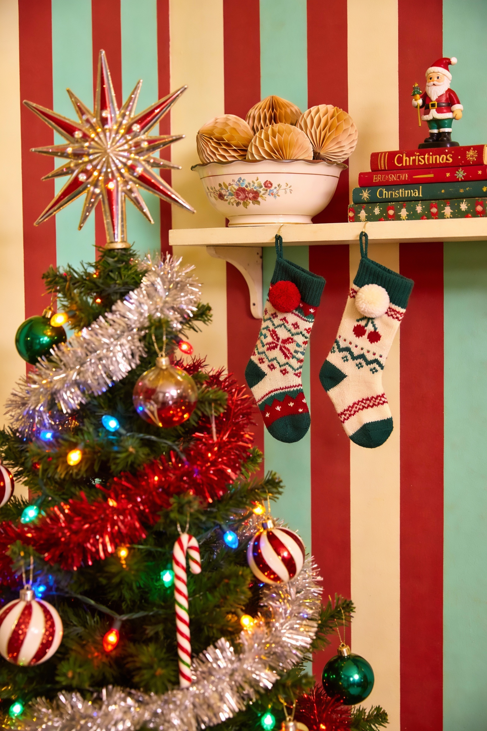 4. Closeup detail shot of a playful vintage Christmas tree and nearby shelf: multicolor lights, retro glass ornaments, t