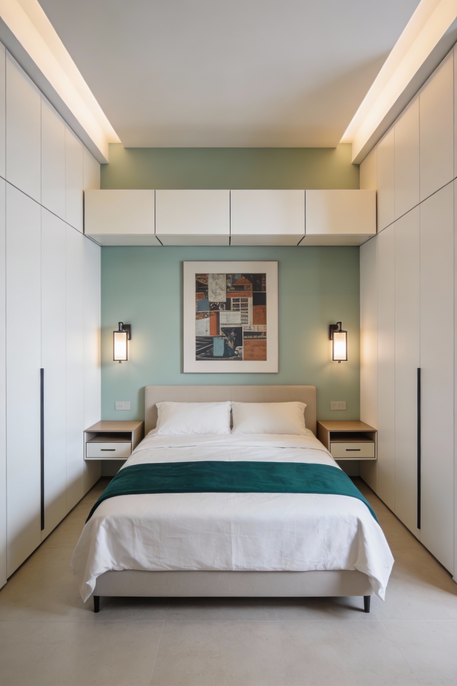 4. Wide photorealistic symmetrical straight-on shot of a built-in-look bedroom wall system without remodeling: bed cente