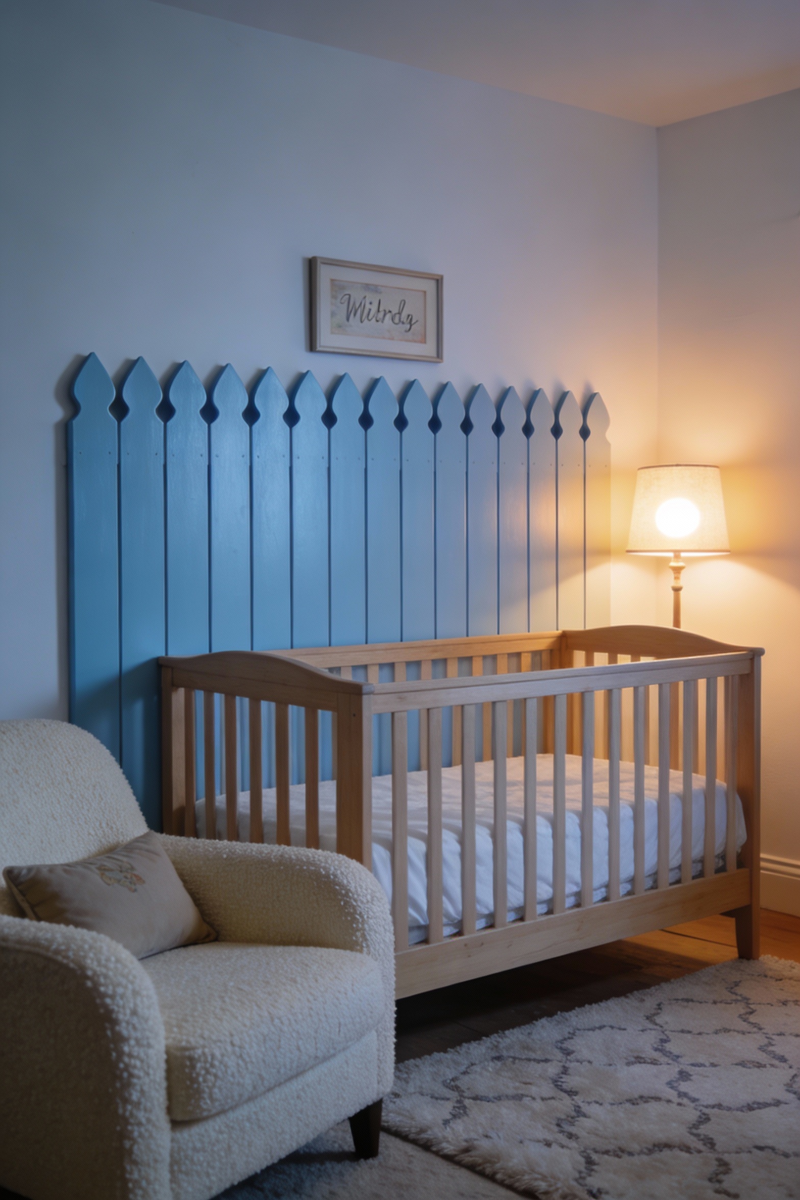 Detailed close-up photorealistic nursery vignette focused on the picket-fence headboard-style wall treatment behind a li