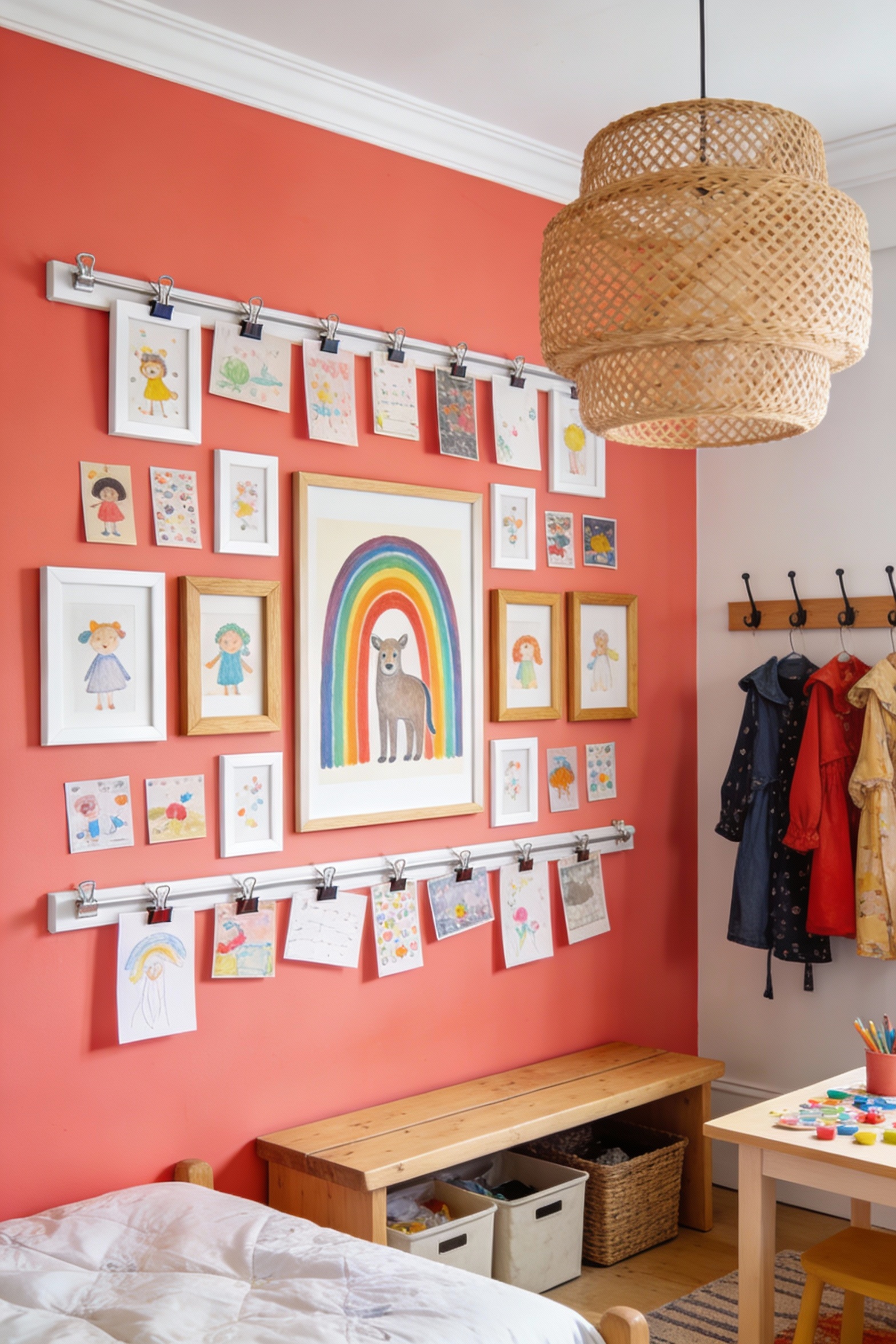Detail closeup of a playful color-drenched kids room art wall using a picture ledge/clip-rail system: wall painted soft 