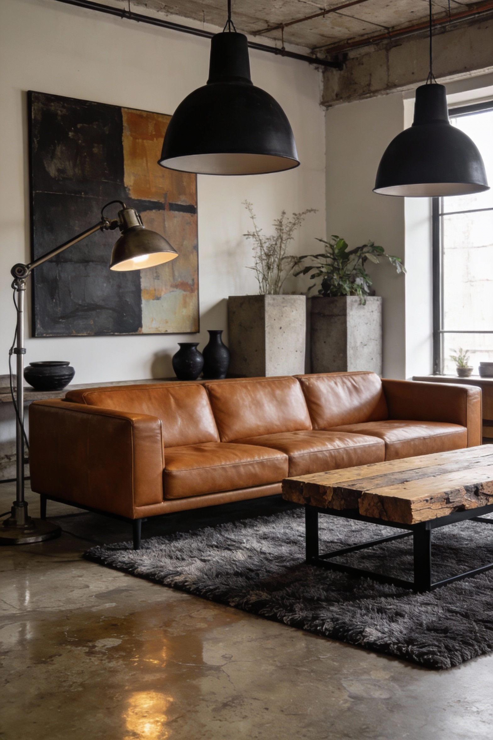 Wide photorealistic loft living room shot with polished concrete flooring (mid-sheen, mottled texture), warm cognac leat
