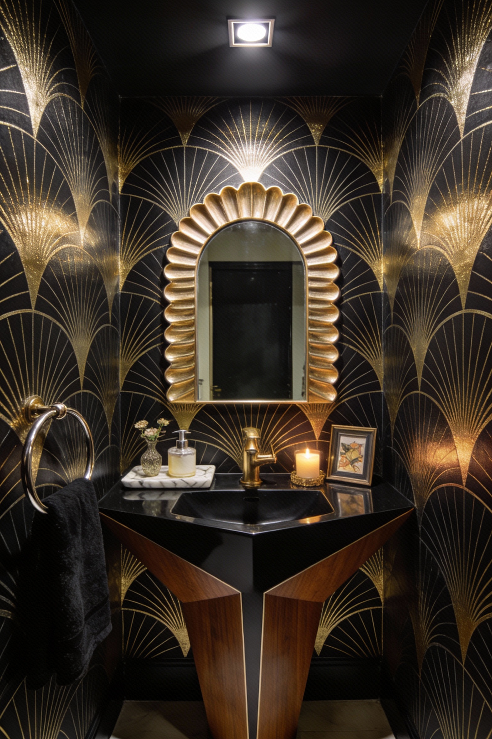 4. Wide straight-on photorealistic shot of a tiny glam powder room with high-contrast Art Deco wallpaper featuring geome