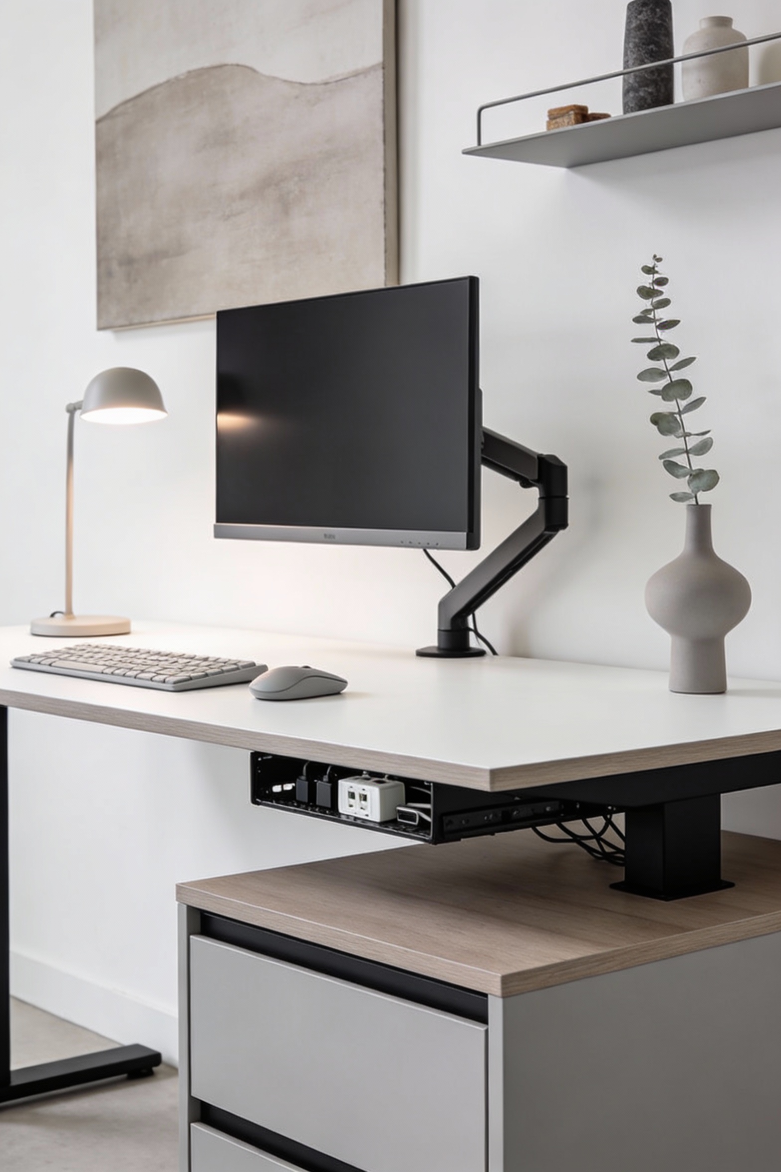 4. Detail-focused photorealistic shot (clean side angle) of a minimal tech desk emphasizing hidden cables and zero distr