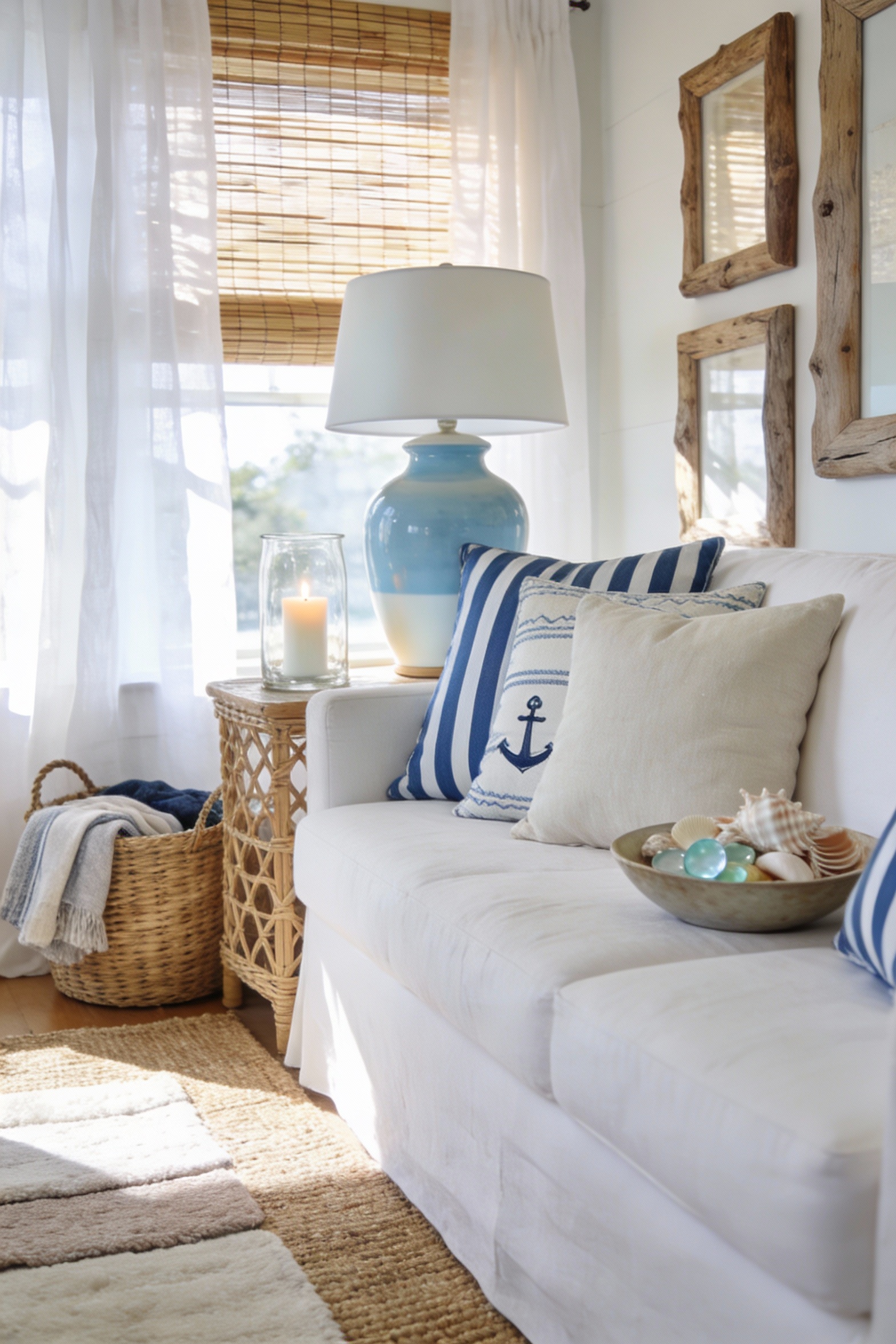 4. Detail closeup photorealistic shot of a coastal bay seating vignette: crisp white daybed/loveseat upholstery with lay