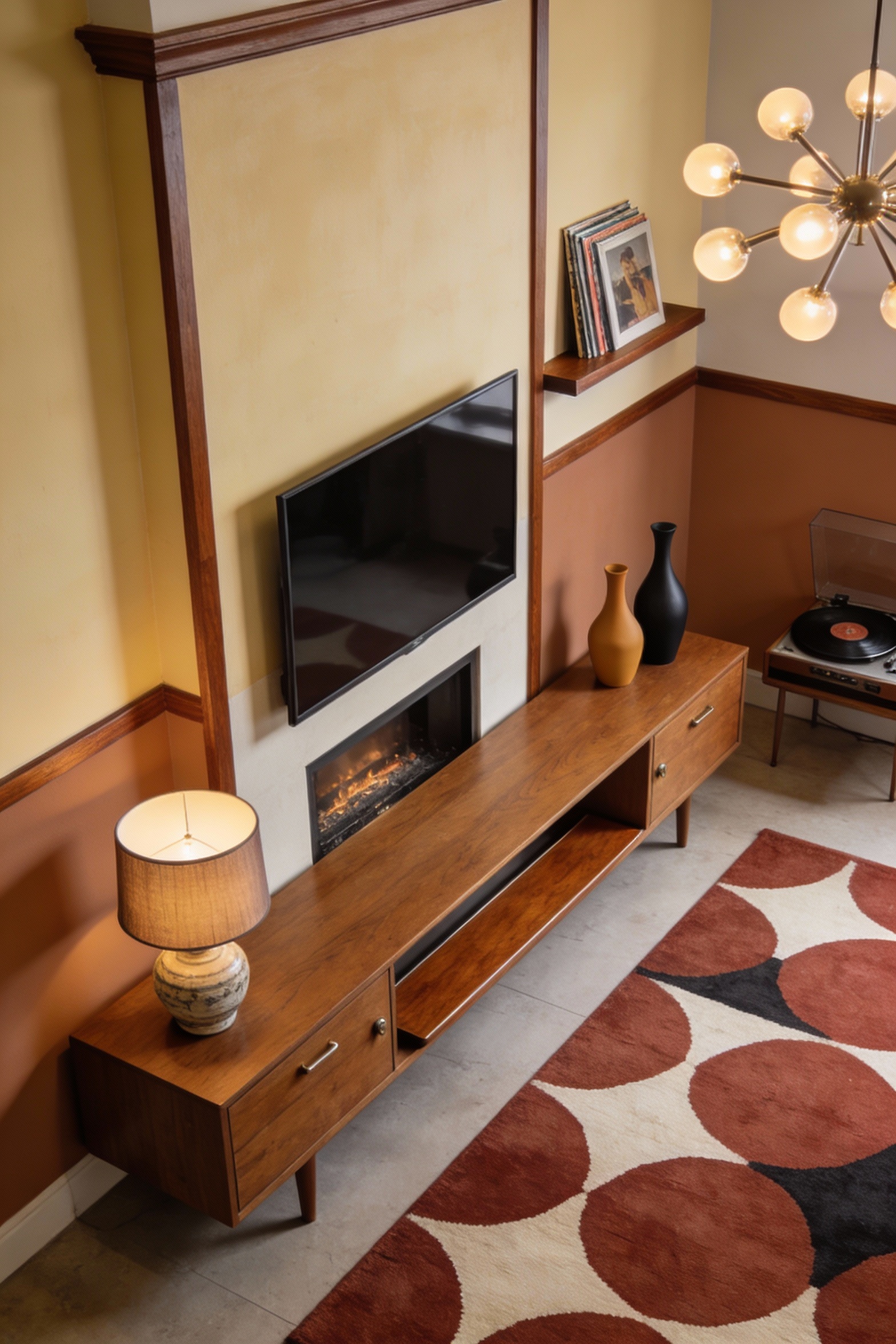 Overhead photorealistic shot of a retro mid-century media wall setup: warm neutral chimney-breast wall color (creamy tan