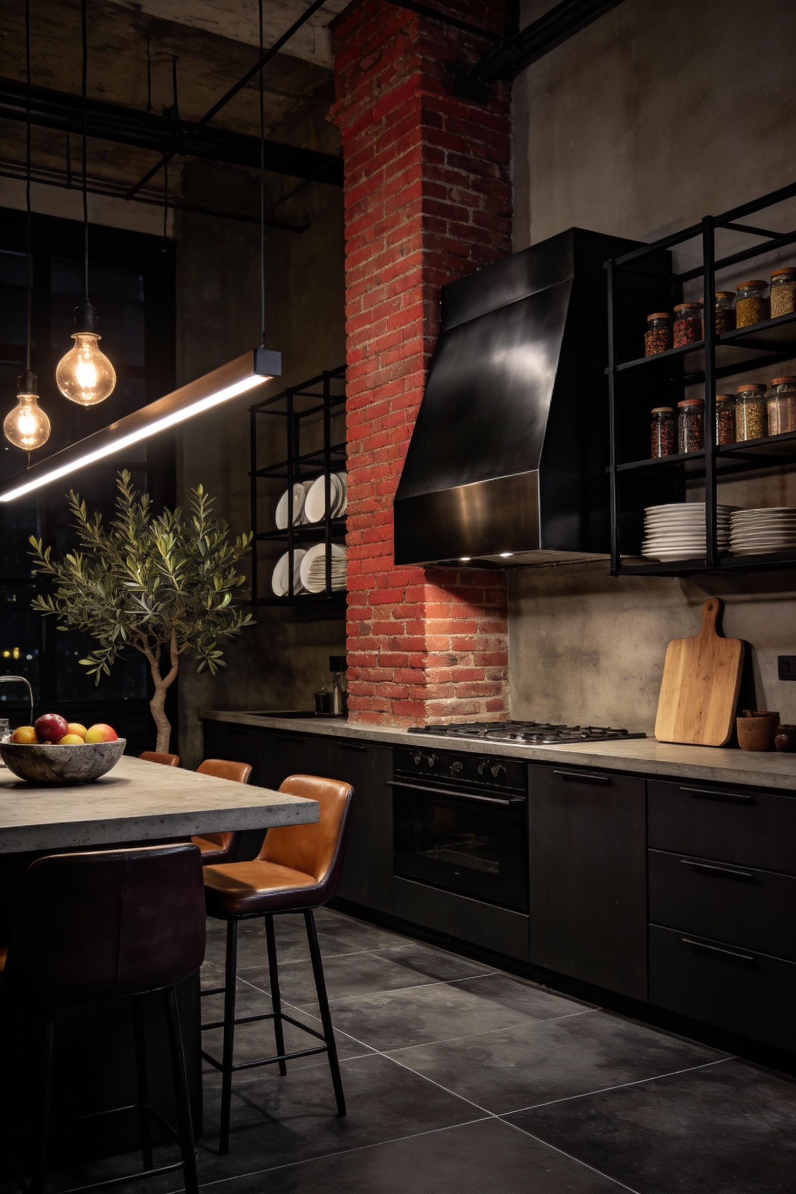 Corner-angle photorealistic industrial loft kitchen with an exposed red brick chimney, concrete countertops, dark cabine