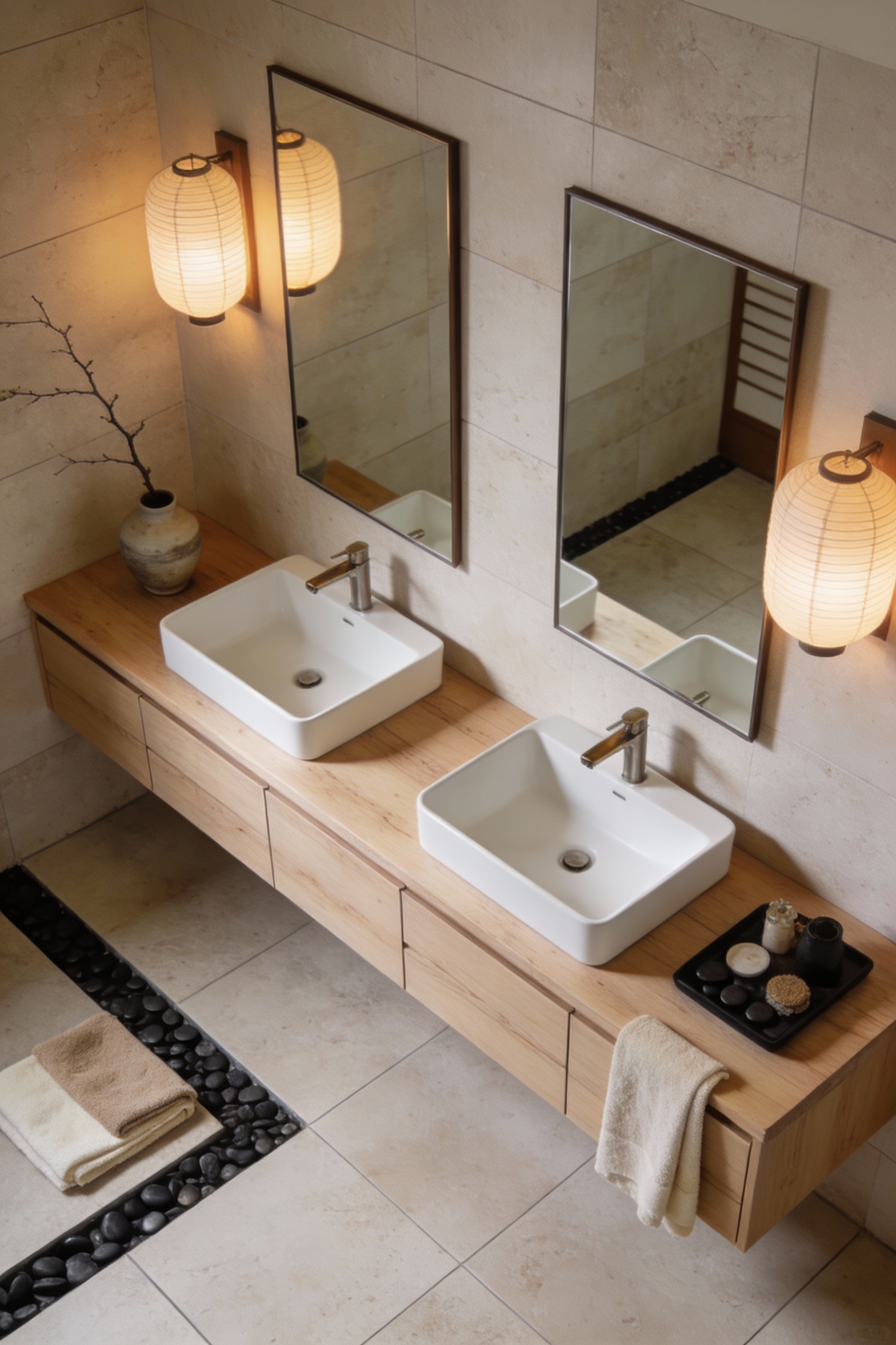Overhead detail-focused photorealistic composition of a minimal Japanese-inspired zen vanity zone: long light ash/maple 