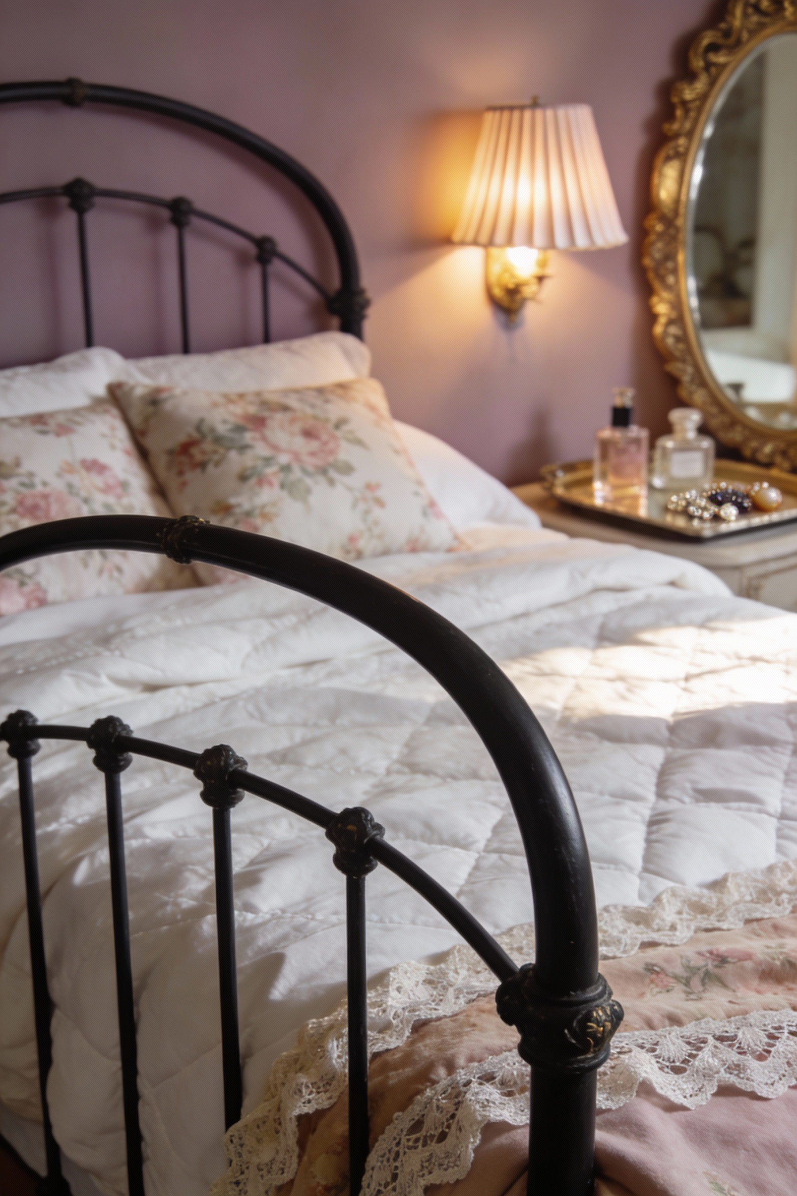 Detail close-up photorealistic romantic vintage chic vignette: curved black metal bedframe with subtle vintage detailing