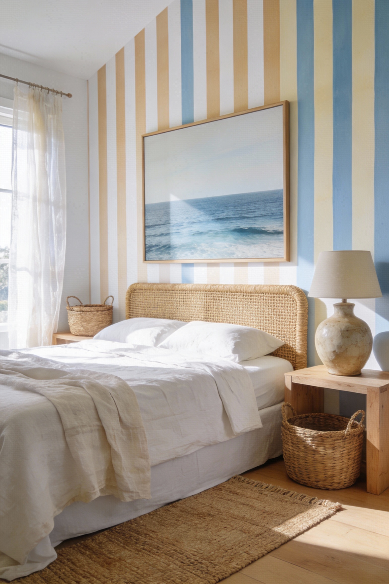 Sunlit wide room shot from a corner angle of a coastal escape bedroom with soft low-contrast stripe wallpaper (vertical 