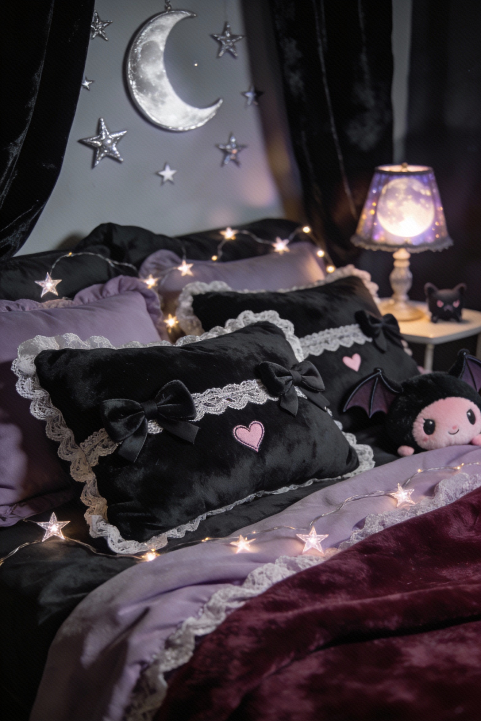Moody close-up detail shot of a Soft Gothic Kawaii bed vignette: black/charcoal bedding layered with plush pillows featu