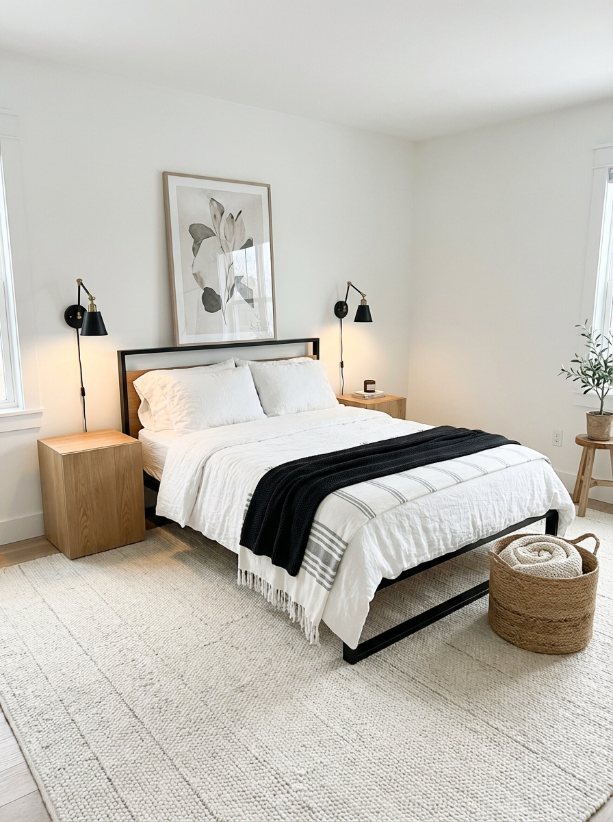 Minimal modern farmhouse wide room shot with crisp white walls and clean trim, streamlined black metal bed frame, mostly