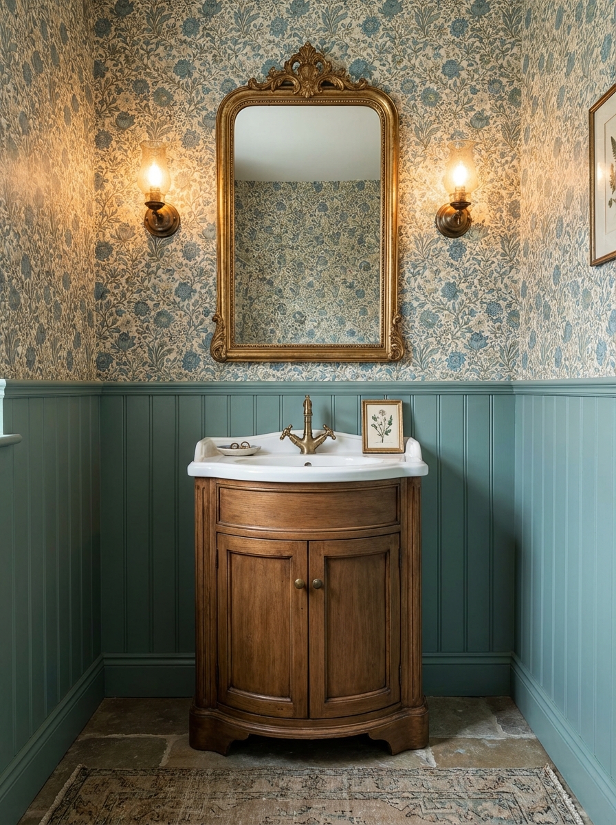 Straight-on medium photorealistic shot of an English cottage powder room with a twist: small-scale floral or botanical w
