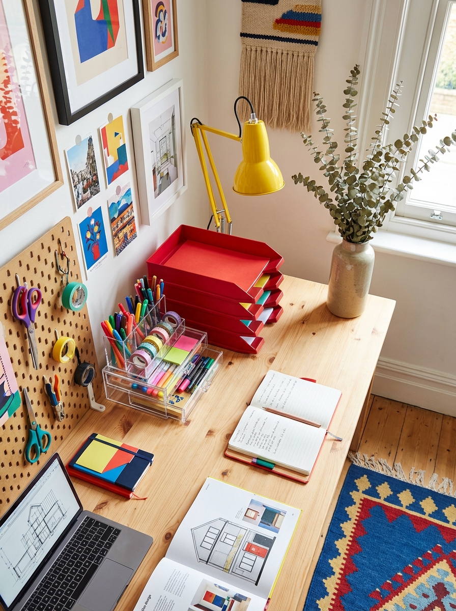 Overhead detail-rich photorealistic shot of a creative studio desk scene: neutral white or warm light gray walls implied