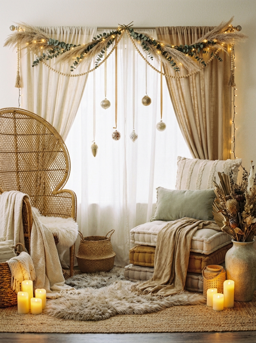 Wide vertical/portrait photorealistic shot of a boho window nook wonderland: rattan chair and floor cushion on a faux fu