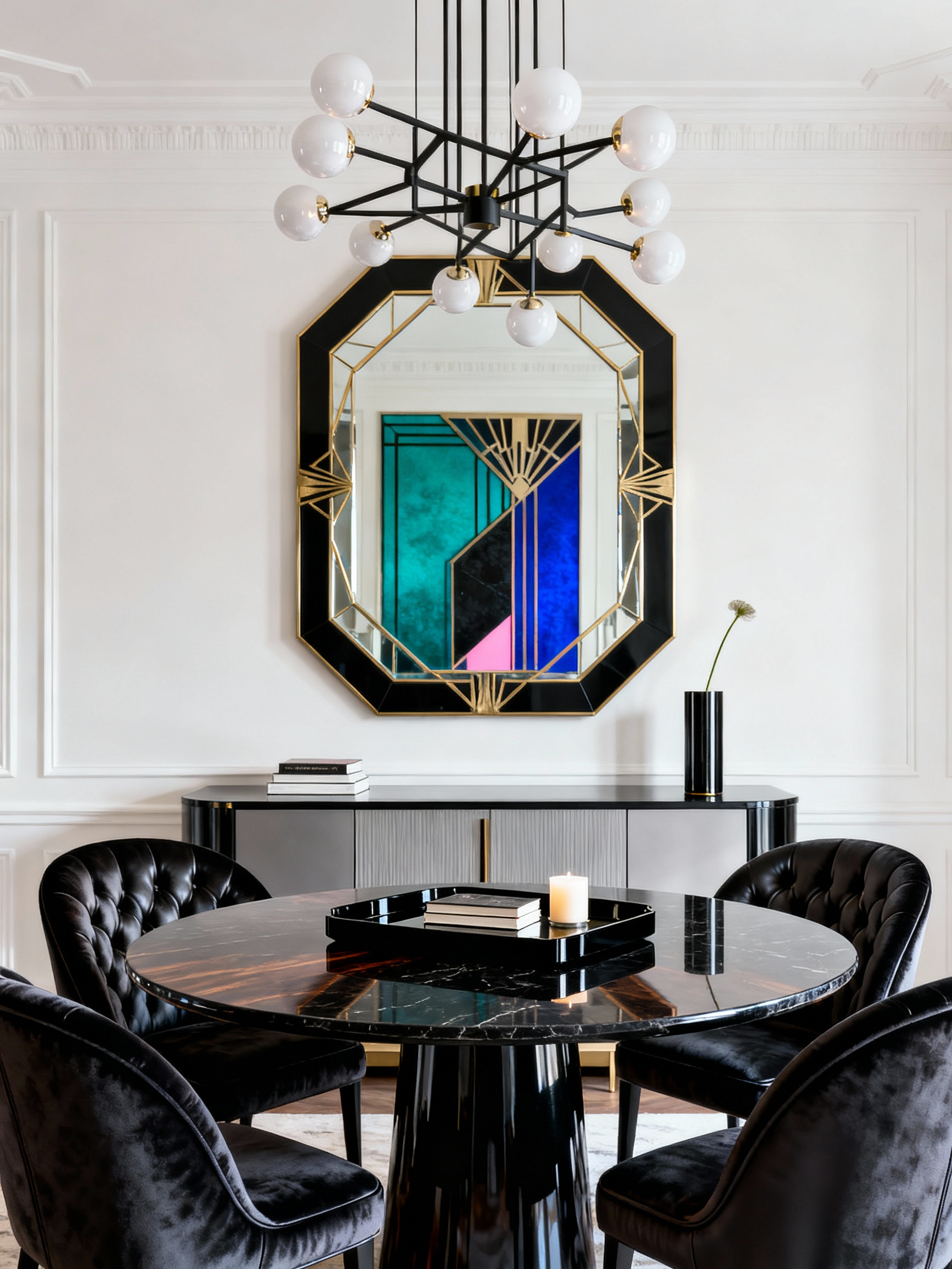 4. Straight-on glam Art-Deco pop dining room: round table in glossy black or deep walnut (or dramatic stone-look top), h