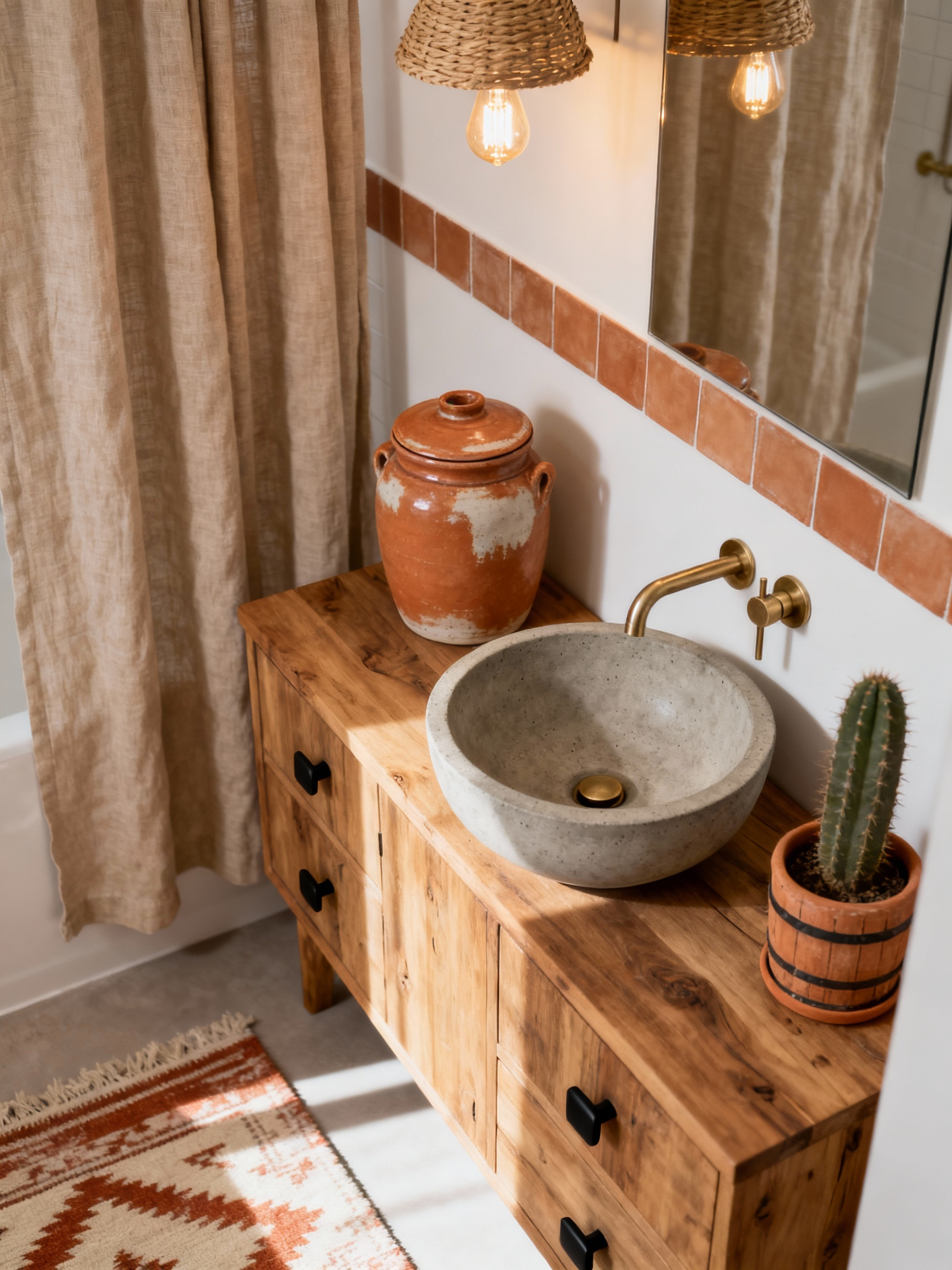Overhead detail shot focusing on desert modern oasis styling: clay-toned ceramic canister and handmade-looking accessori