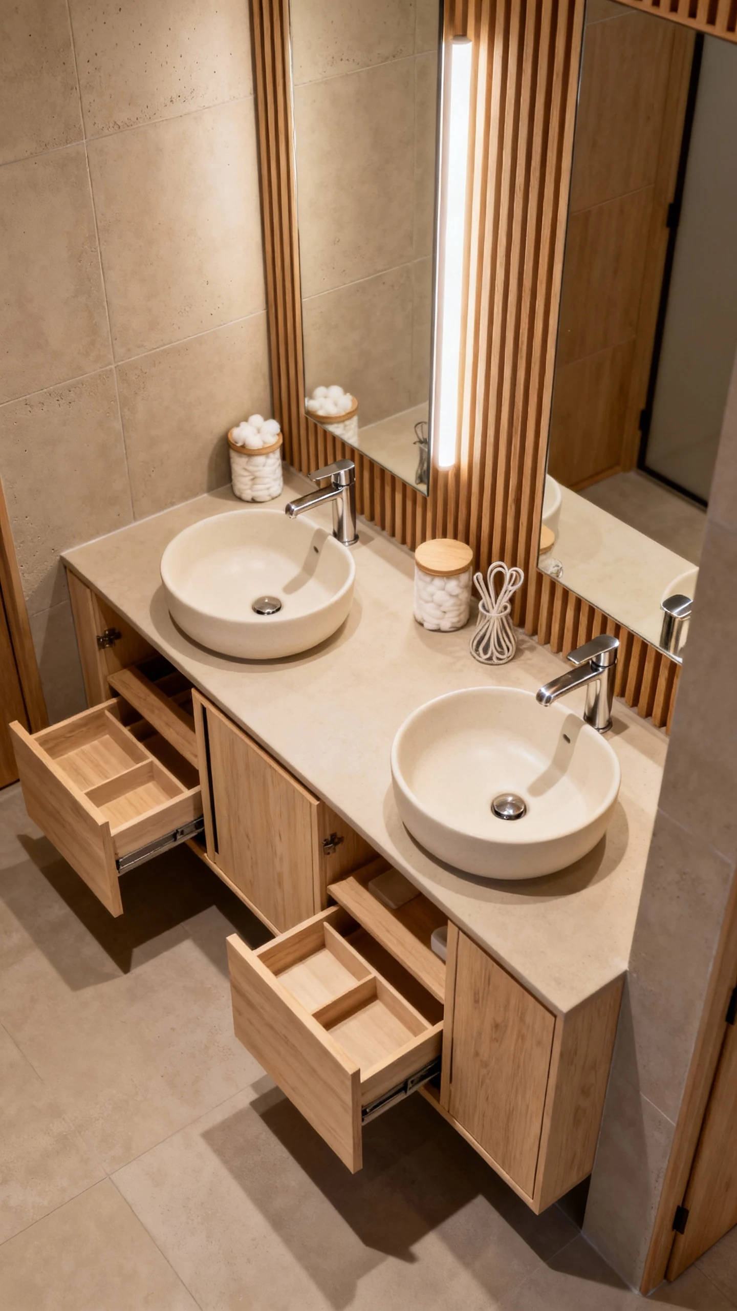 Overhead/angled detail shot of a super-compact Japandi vanity: low-profile light ash/maple cabinet with sliding panels (
