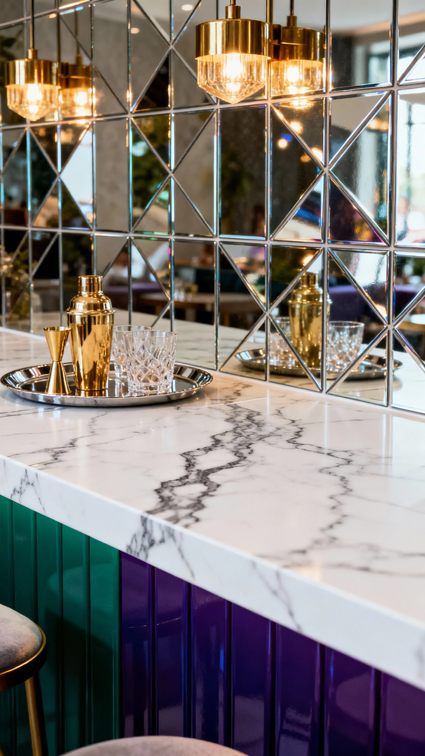 Overhead detail photorealistic shot of a modern glam bar vignette: jewel-tone bar base (emerald/deep plum/sapphire) glim