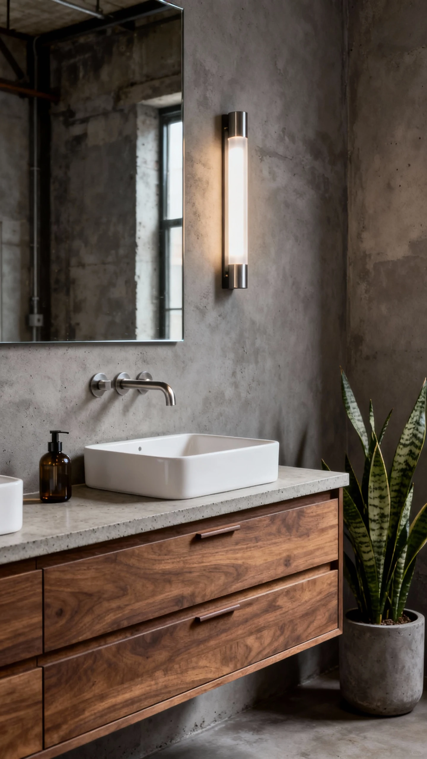 Detail-focused photorealistic closeup of an urban microcement loft double vanity wall: warm gray microcement-style wall 