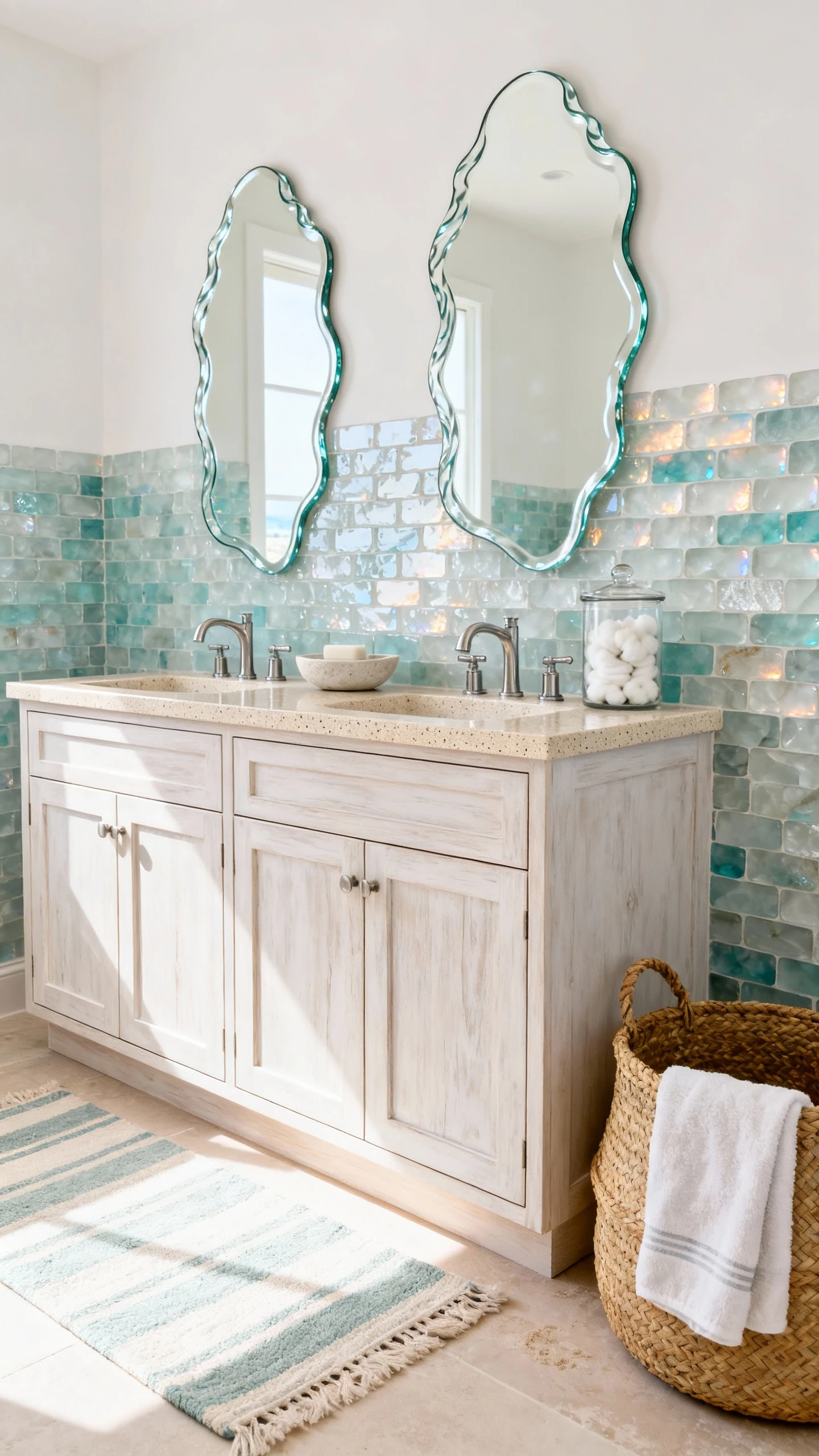 Wide airy photorealistic coastal bathroom with a pale oak/whitewashed shaker-front double vanity, light sandy quartz or 