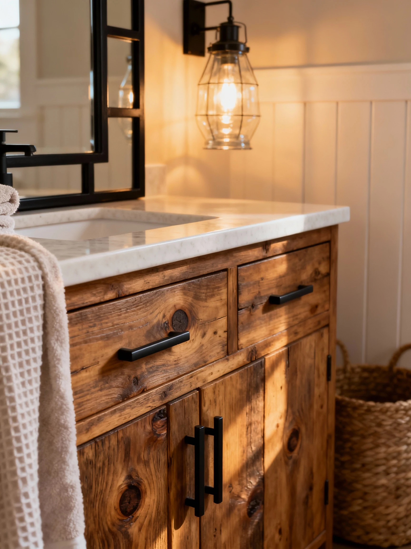 Closeup detail shot of rustic-refined farmhouse vanity area: reclaimed wood double vanity with visible knots and charact