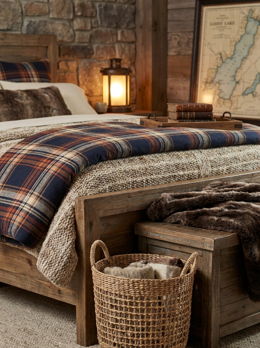 Detailed closeup photorealistic lakeside farmhouse lodge styling at the foot of the bed: plaid comforter in deep navy, r