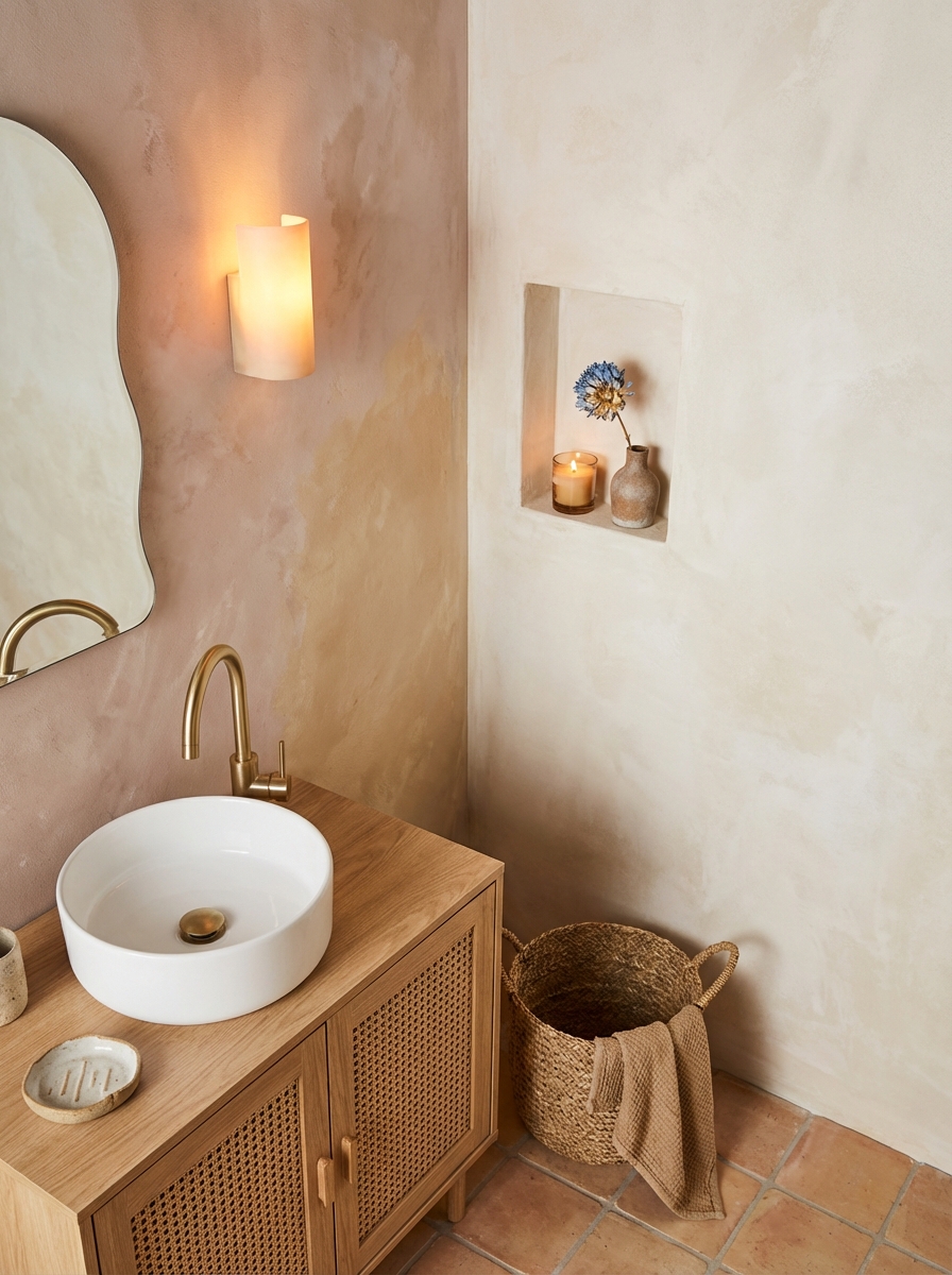 Detail-oriented overhead photorealistic shot focused on Mediterranean sun-washed textures and styling: walls in soft cla