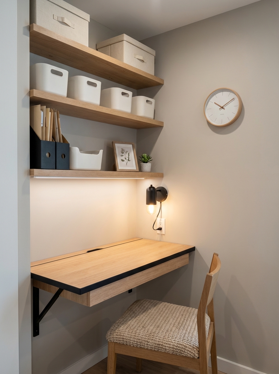 Corner-angle medium-wide photorealistic shot of a space-saving built-in look: soft greige walls, wall-mounted floating d