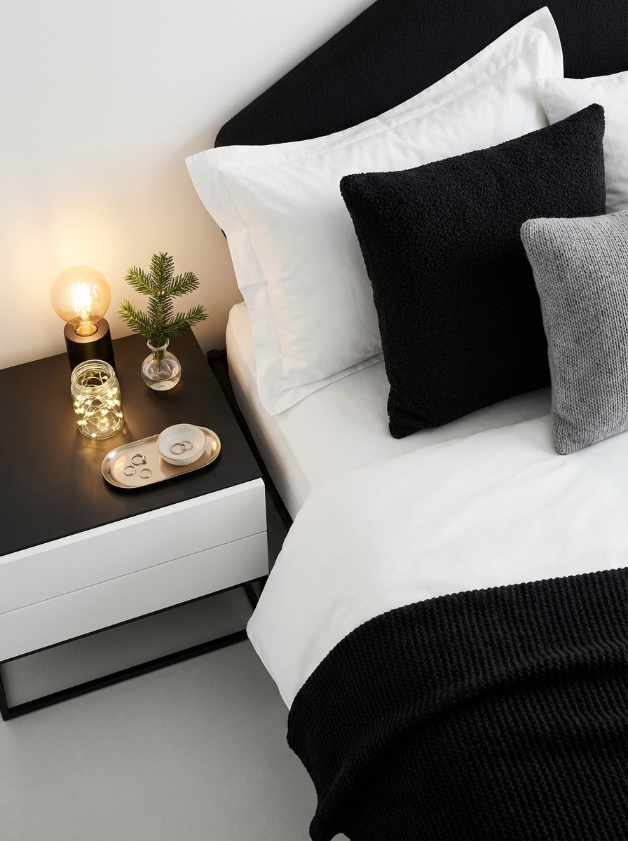 Overhead photorealistic shot of a modern monochrome bedroom nightstand styling: black-and-white base with crisp lines—wh