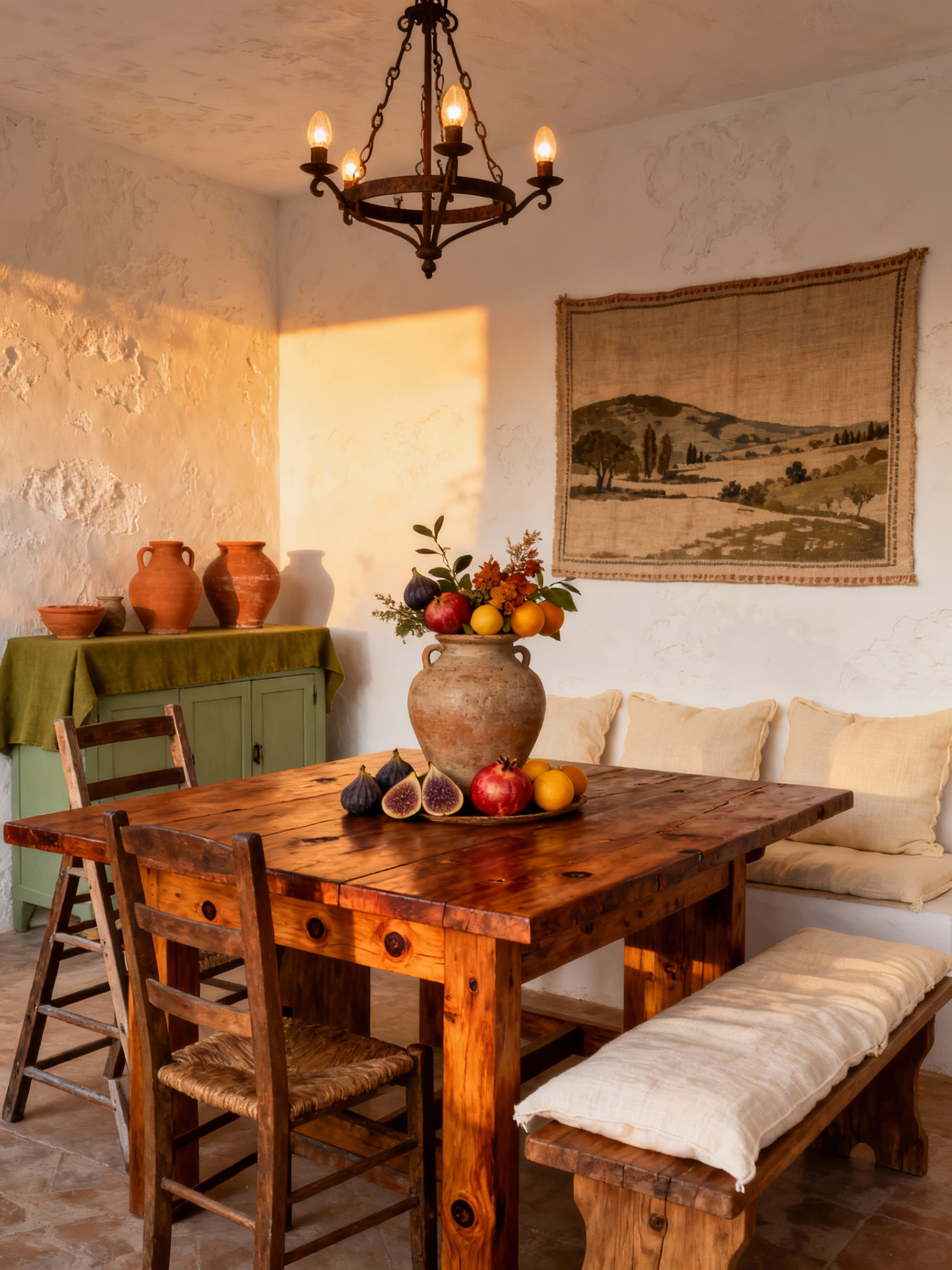 5. Detail-to-medium shot emphasizing rustic Mediterranean farmhouse texture: limewash/plaster-textured warm off-white wa