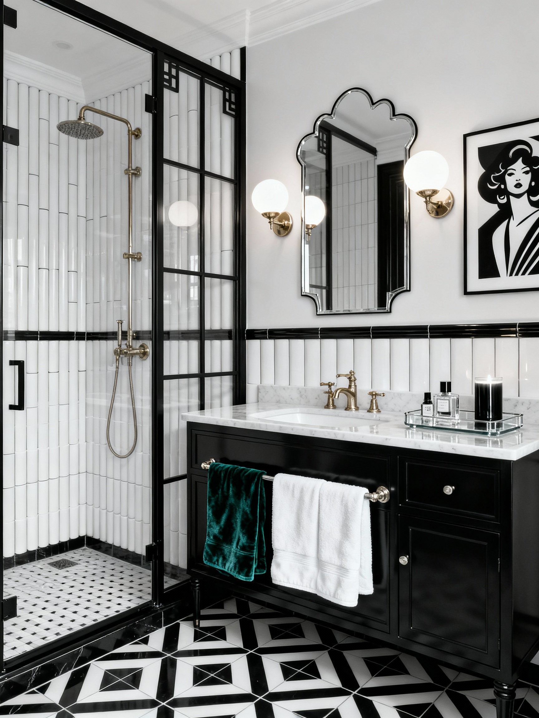 Wide straight-on photorealistic high-contrast Art-Deco bathroom: black-and-white palette with geometric black-and-white 