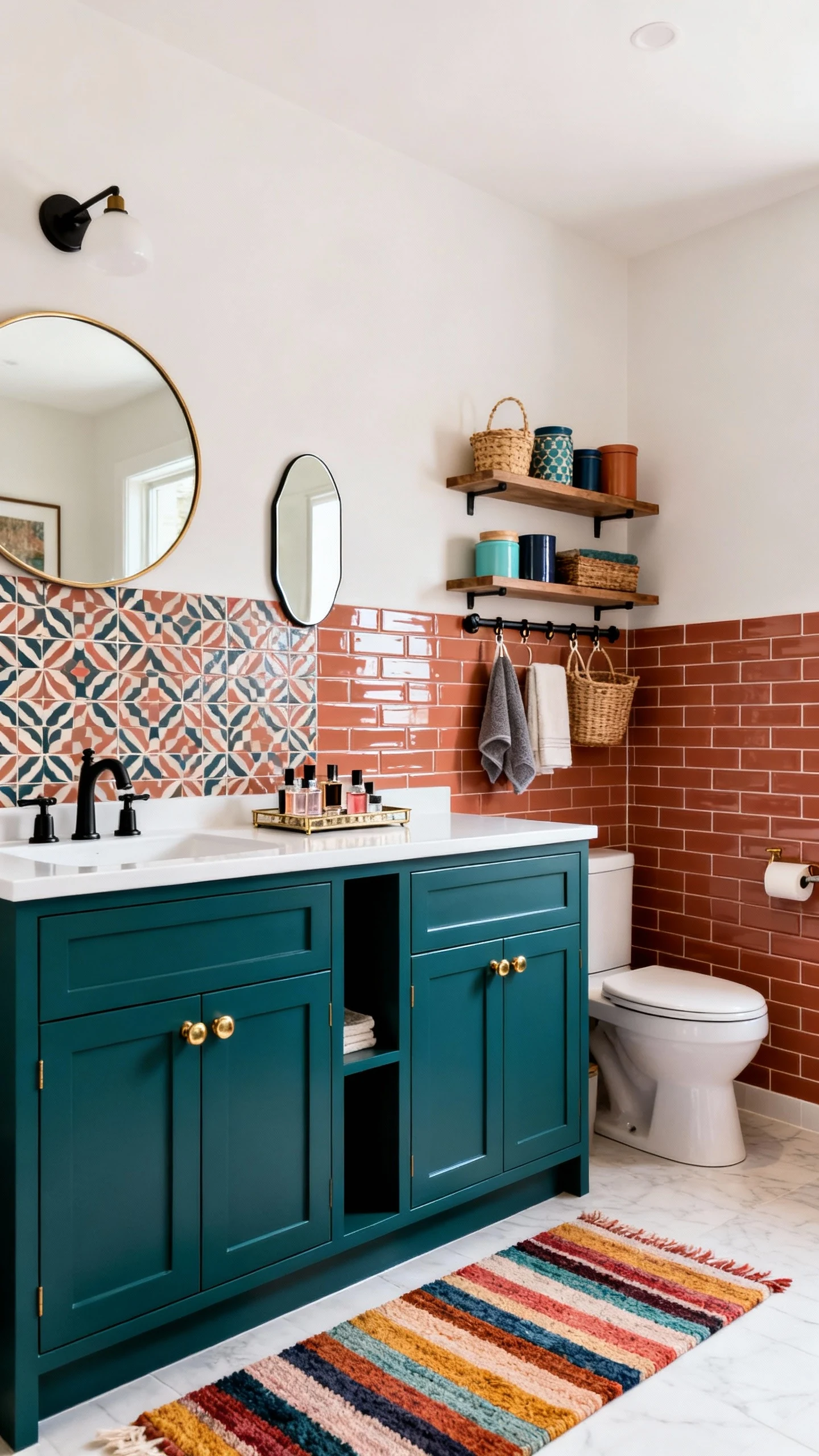 Wide corner-angle eclectic bathroom featuring a bold double vanity in deep teal (or terracotta) with a crisp white count