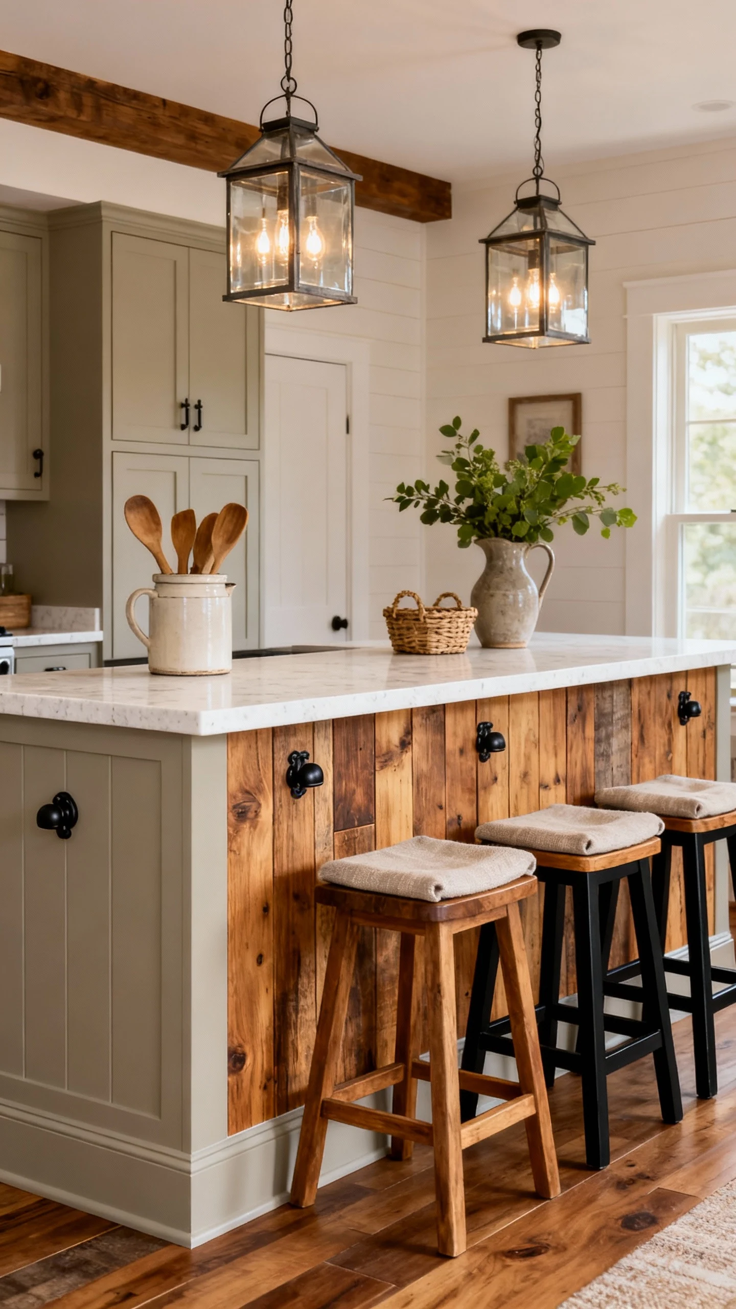 Wide photorealistic kitchen bar scene in cozy farmhouse style: bar base painted soft greige/warm putty, bar front clad i