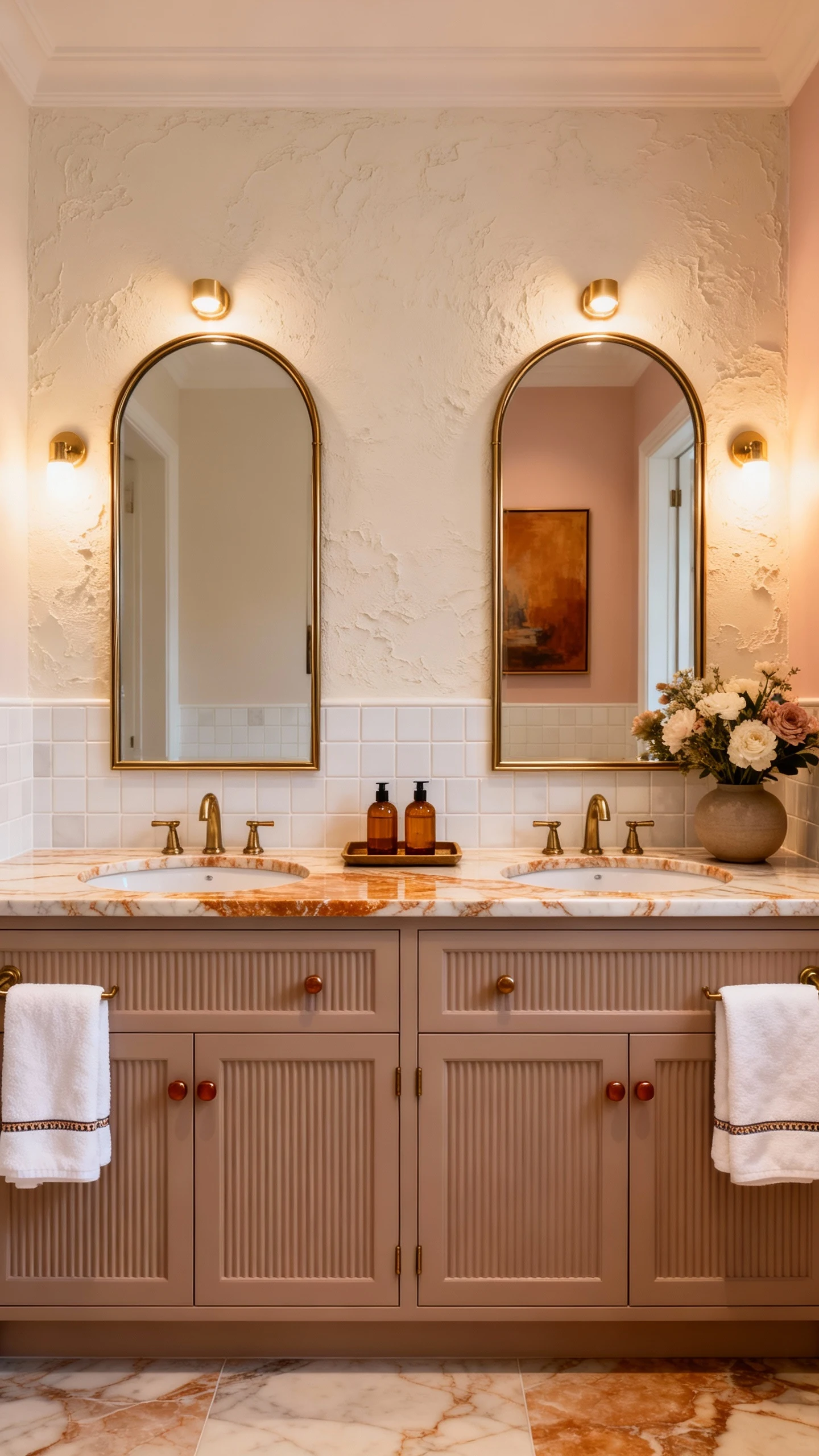 Wide, photorealistic soft luxe boutique suite bathroom, straight-on symmetry: reeded-front double vanity in soft putty/m