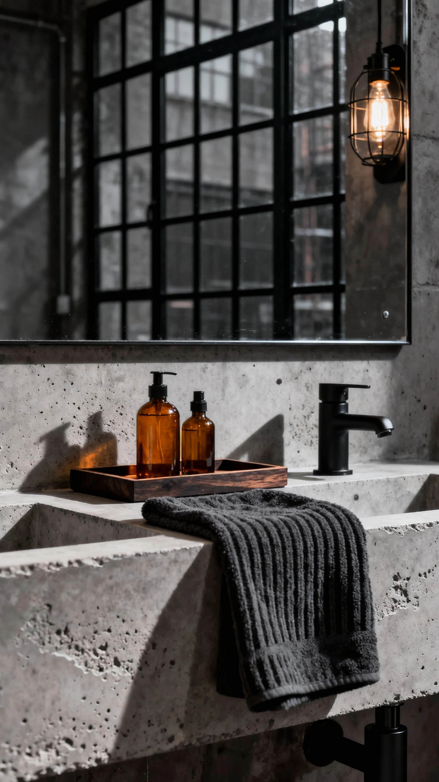 Detail closeup photorealistic industrial styling on a concrete double-vanity counter: dark wood low tray with amber apot