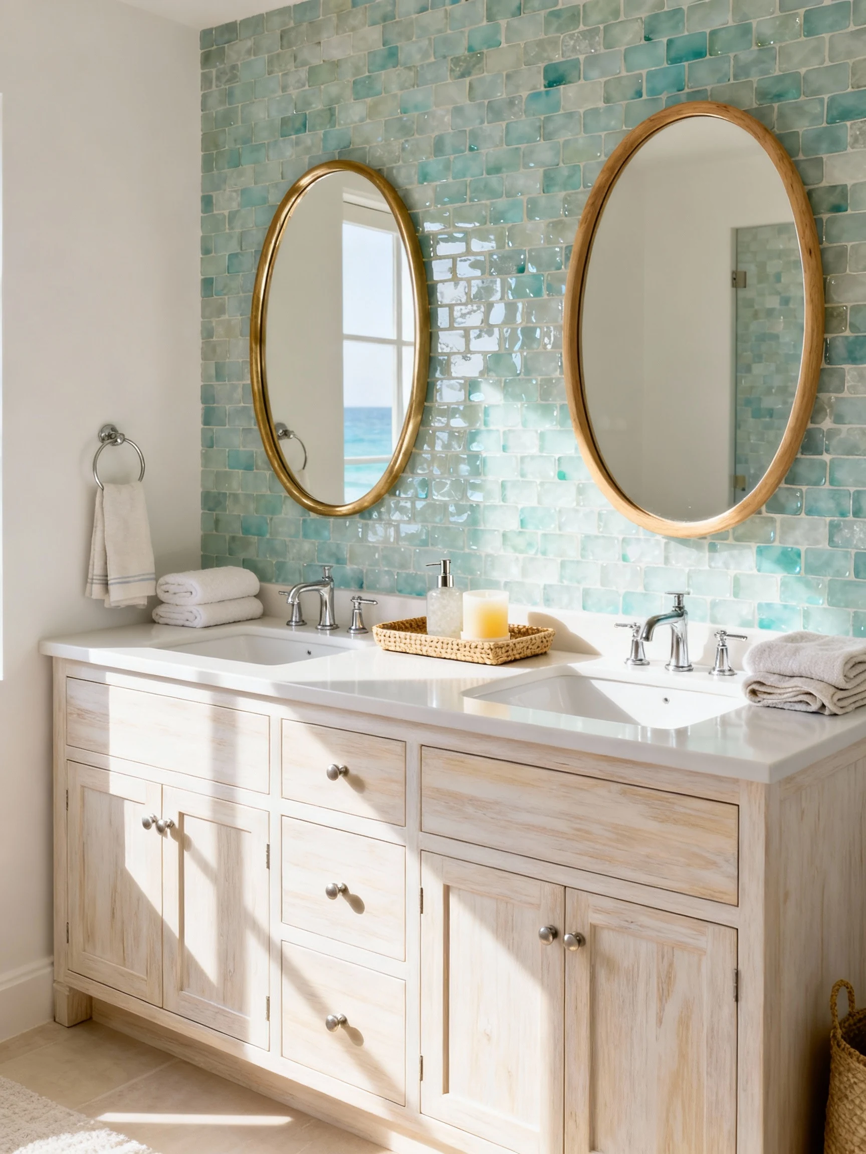 Wide, coastal boutique-hotel bathroom scene, straight-on view: light white-oak/blond wood double vanity with simple brus