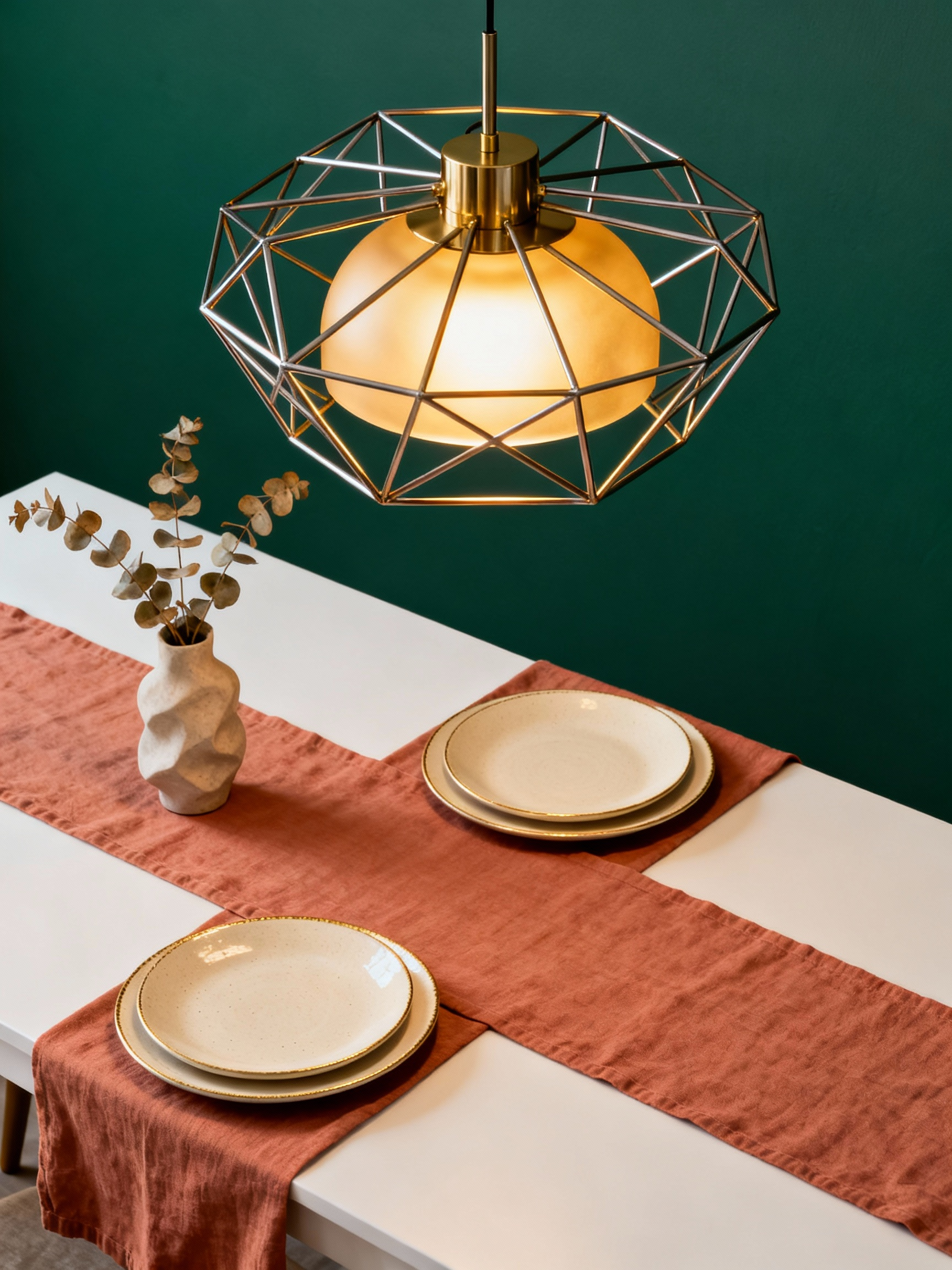 6. Cohesive dining room styling concept shot (overhead flat-lay of a dining table) showing one clear hero element and su