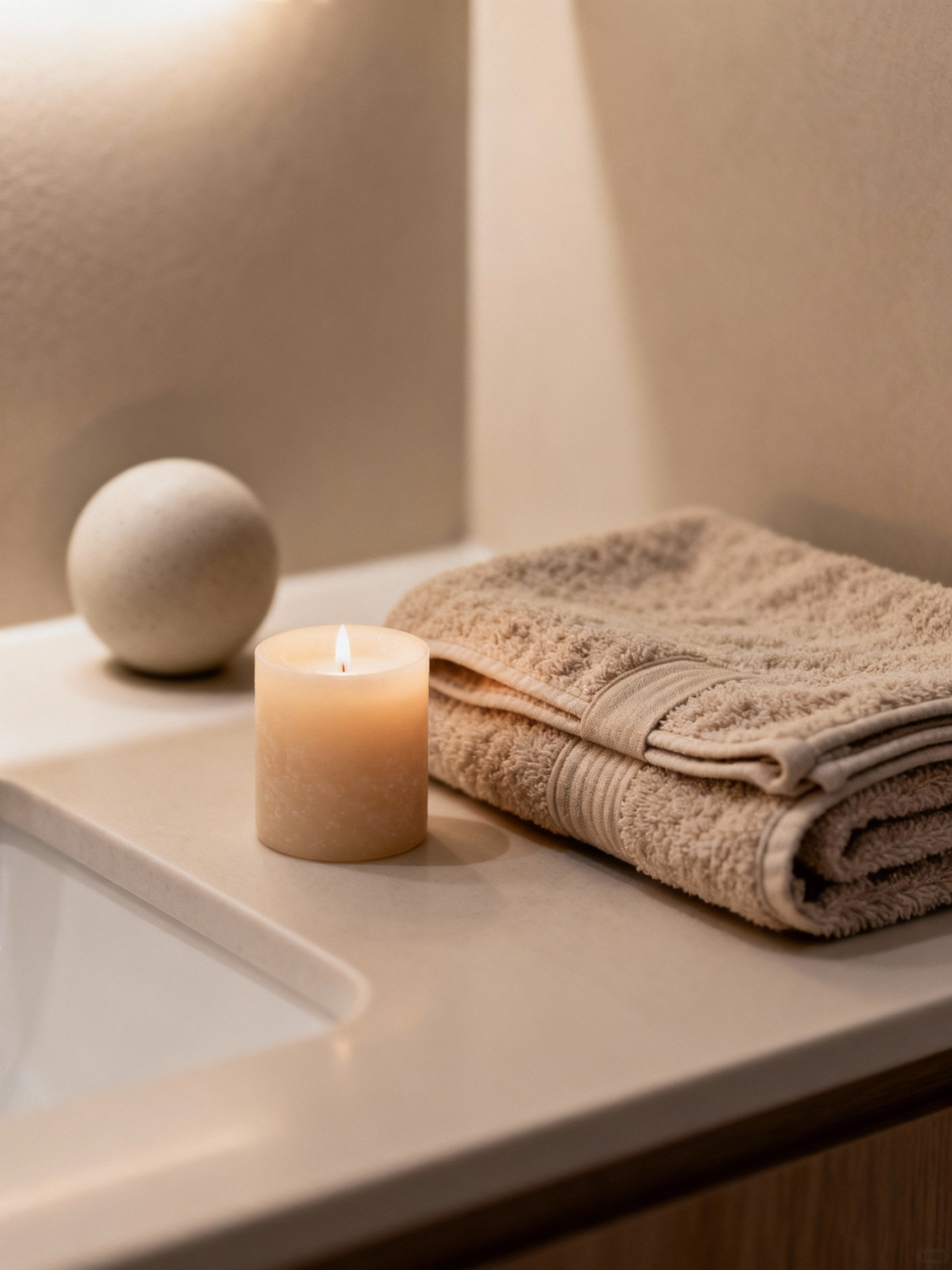 Closeup photorealistic still life capturing the ‘pick your feeling’ bathroom-theme tip: a neatly styled countertop vigne