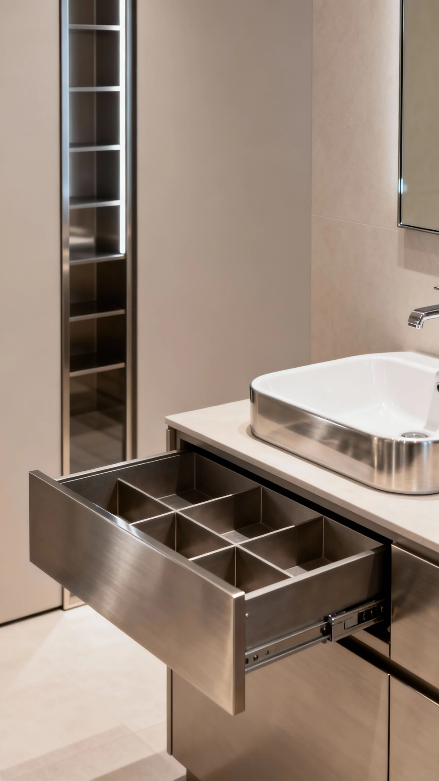 Close-up detail composition of a styled double-vanity storage moment: a compact basin/smaller sink edge preserving count