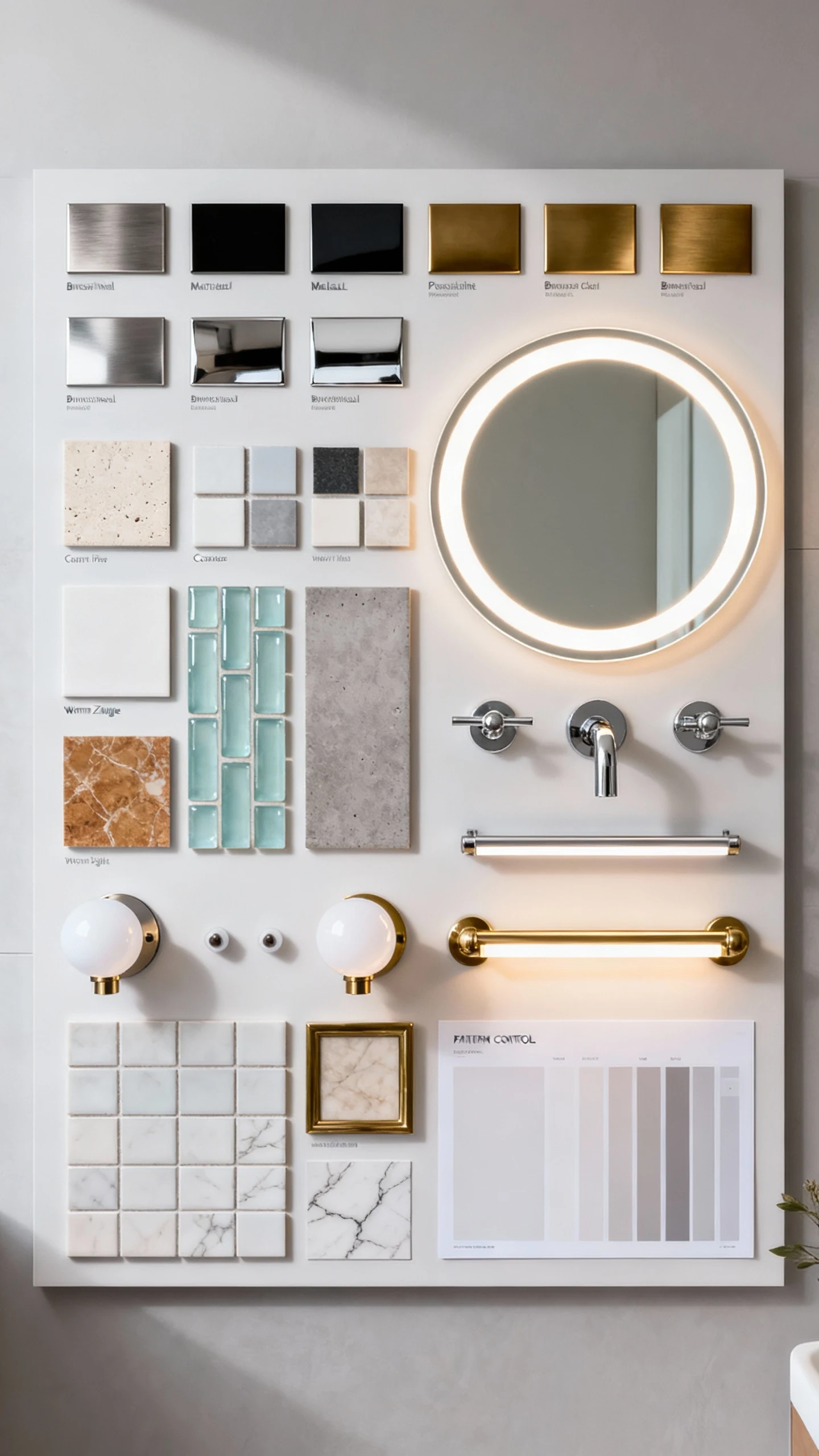 Photorealistic overhead flat-lay of a modern double-vanity design consistency concept: a curated materials and finishes 