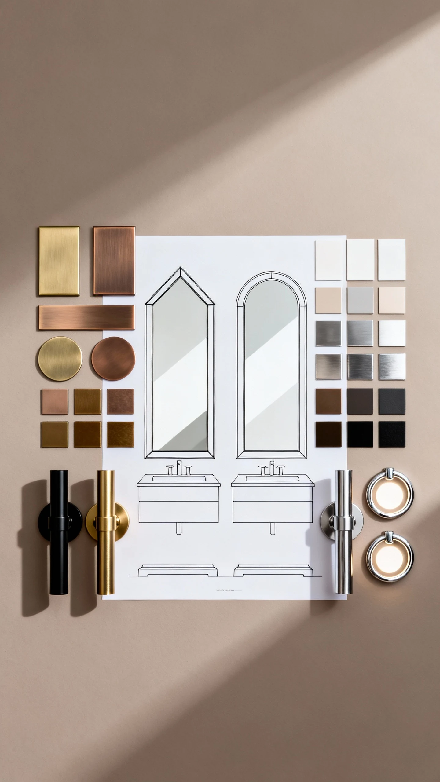 Overhead flat-lay photorealistic styling concept for a double vanity with bold mirrors: mirror sample chips and metal fi