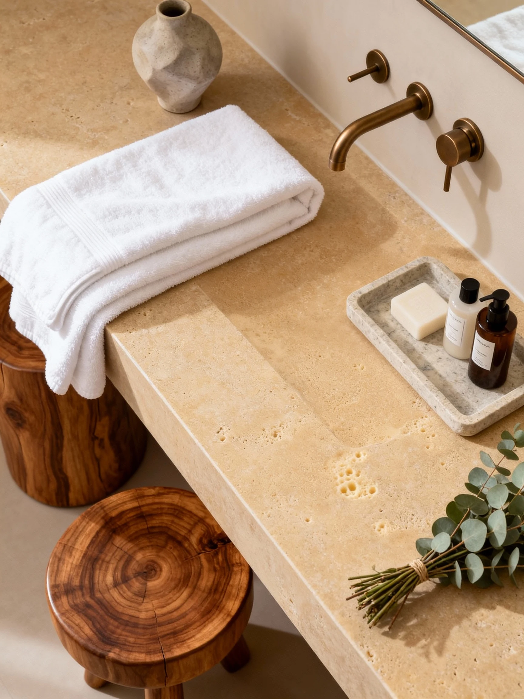 Overhead flat-lay style, spa finishing details vignette on a warm-toned vanity counter: plush white towels folded neatly